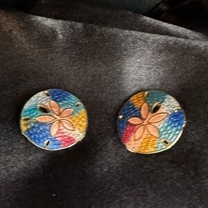 Womens Earrings Sand Dollars Colorful on Gold Metal 1 Inch Round Clip Ons